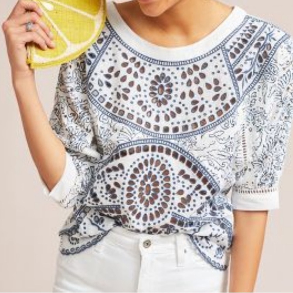 Anthropologie White and Navy Patterned Eyelet Blouse